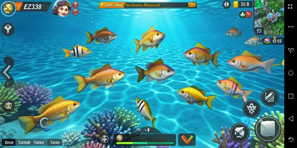 Tangkapan layar gameplay EZ338 yang menampilkan keseruan tembak ikan.