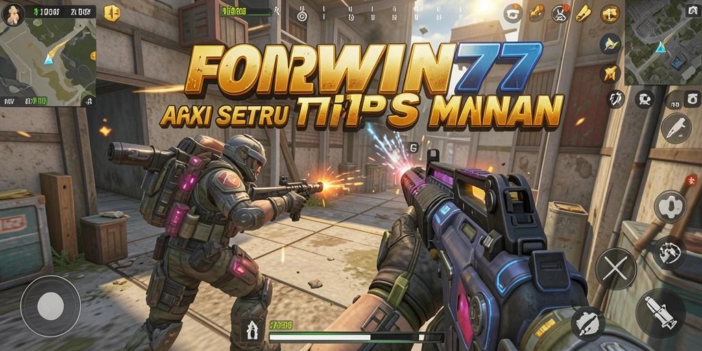 Screenshot gameplay FORWIN77 menampilkan aksi tembak-menembak yang intens.