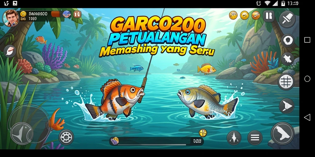 Screenshot dari gameplay GARCO200 menunjukkan aksi memancing yang seru.