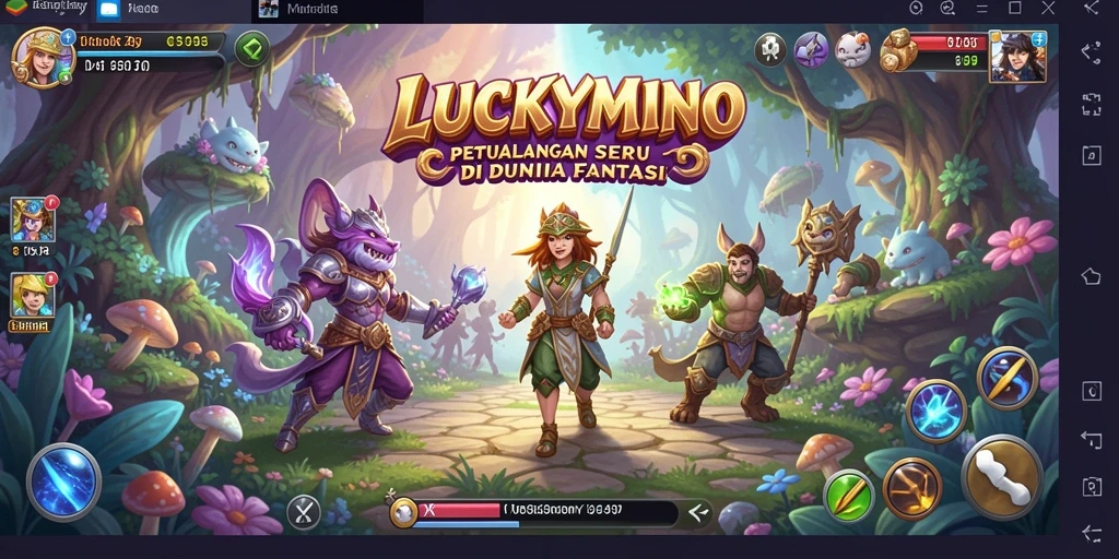 Screenshot utama LUCKYMINO menampilkan karakter dalam petualangan yang mengesankan.