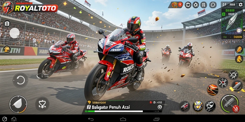 Tampilan gameplay menegangkan di ROYALTOTO dengan aksi balapan cepat.